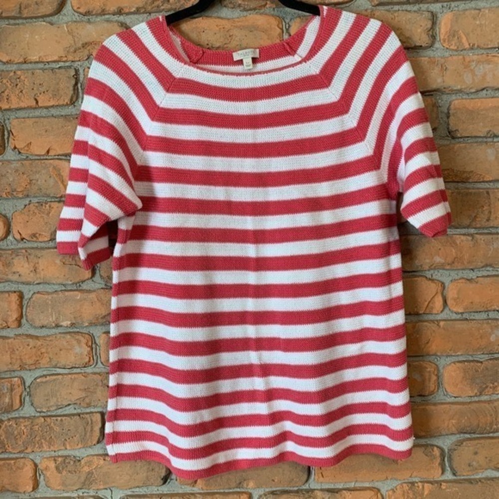 Talbots Petites Pink White Striped‎ Cotton Knit Short Sleeve Sweater LP CN5080